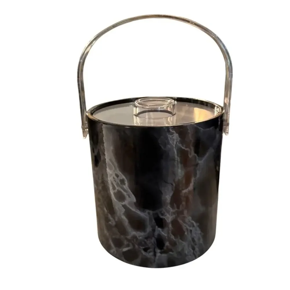Vintage Black Marble Vinyl Ice Bucket with Acrylic Lid and Tongs Made in USA